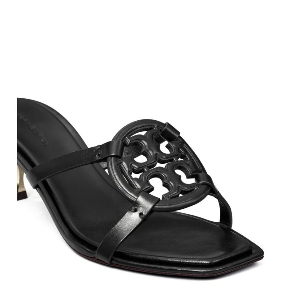 Tory Burch Geo Bombe Miller Leather Black Gold Heeled Sandals- Size 8.5 - Picture 14 of 15